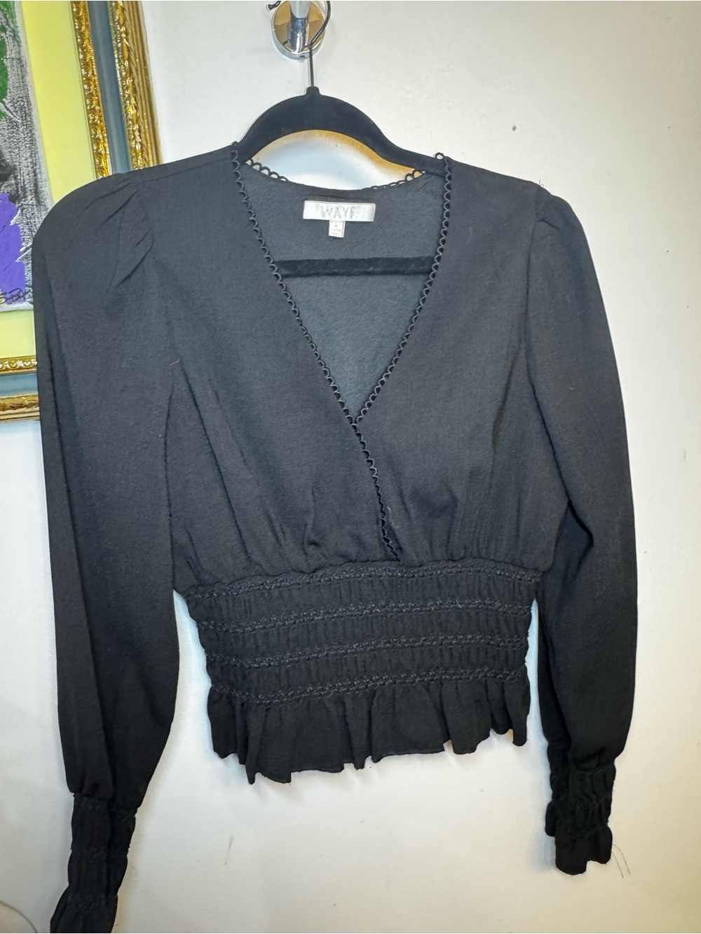 Wayf Black Smocked Waist V-Neck Long Sleeve Blouse